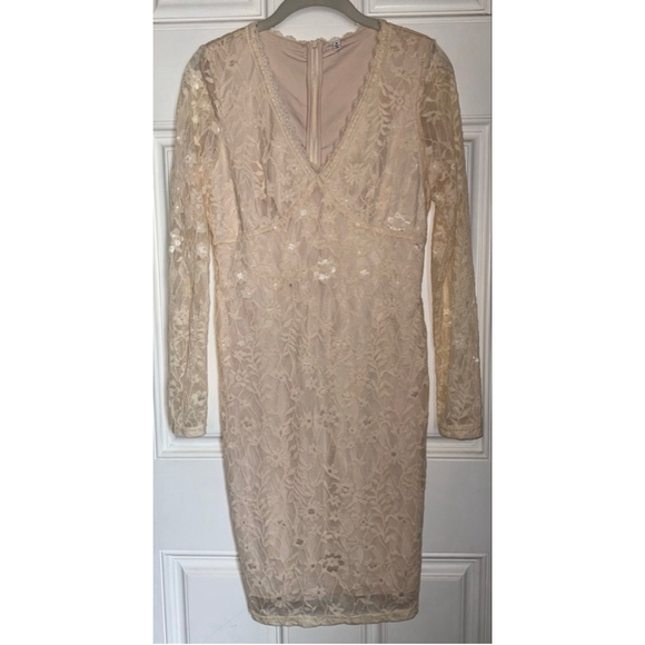 Women's Pinkblush Beige Lace Long Sleeve Mini Dress M - Picture 2 of 9